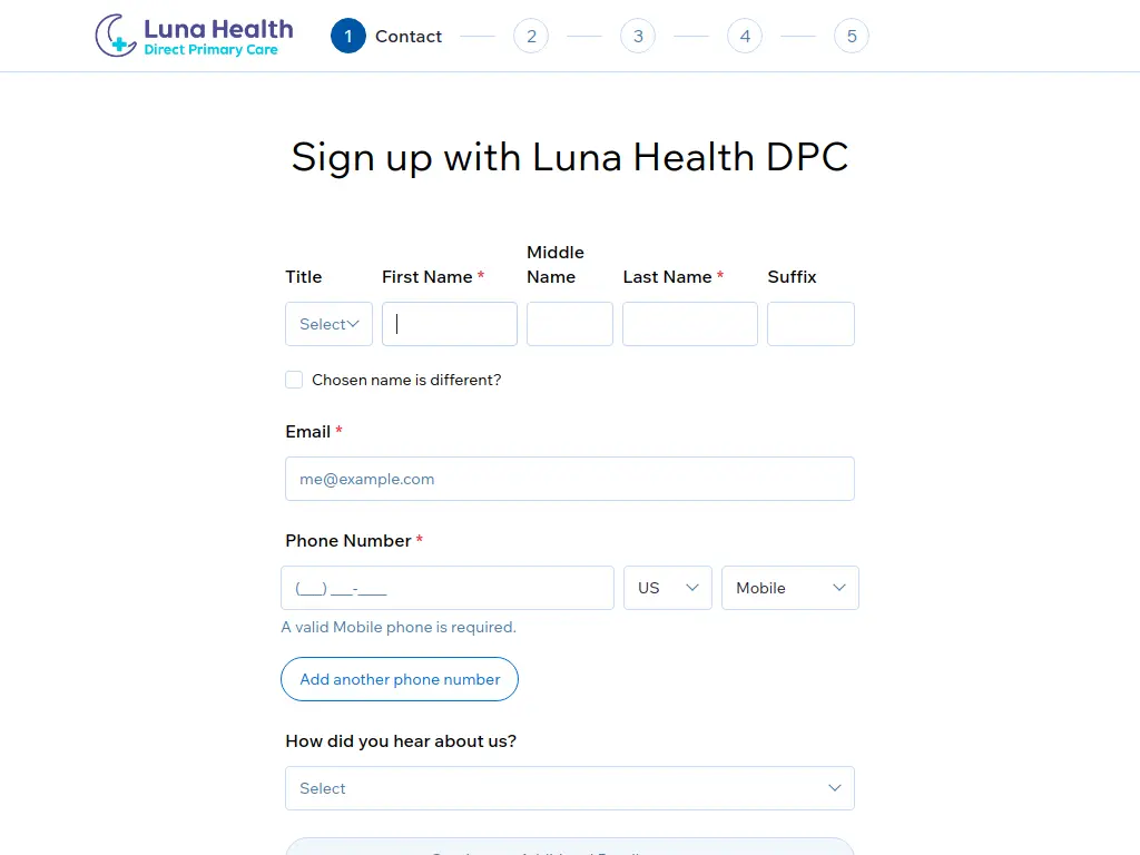 Luna Health membership signup form with plan selection and payment information